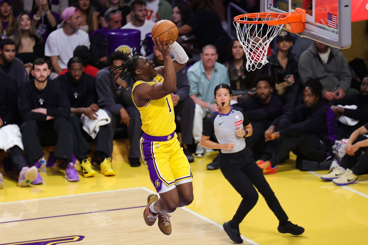 Los Angeles Lakers F Adou Thiero (1) shoots the ball during an NBA basketball game against the Sacramento Kings, Thursday October 8, 2026 in Los Angeles, Calif.