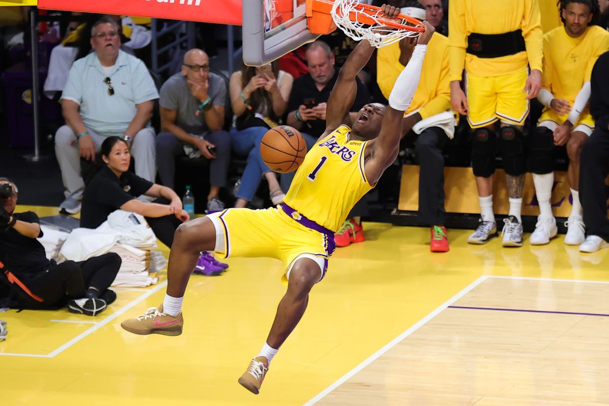 Los Angeles Lakers F Adou Thiero (1) dunks the ball during an NBA basketball game against the Sacramento Kings, Thursday October 8, 2026 in Los Angeles, Calif.