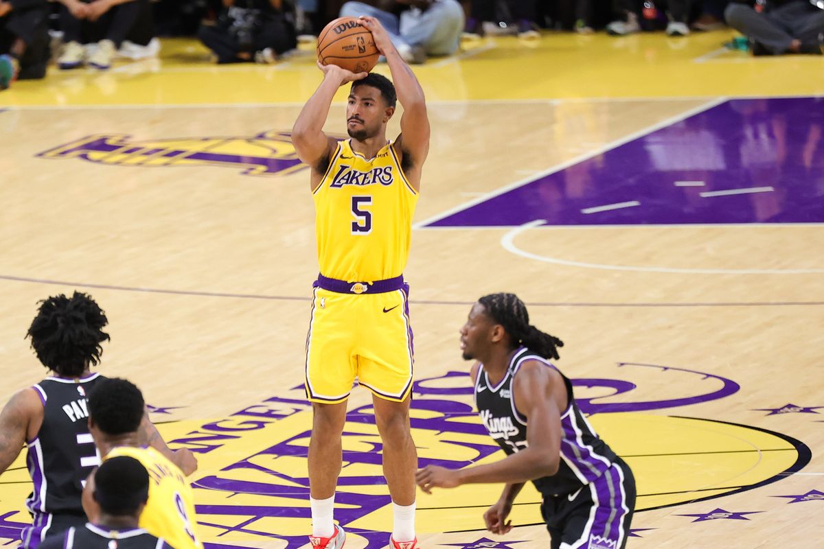 Los Angeles Lakers G Quentin Grimes (5) shoots the ball  during an NBA basketball game against the Sacramento Kings, Thursday October 8, 2026 in Los Angeles, Calif.