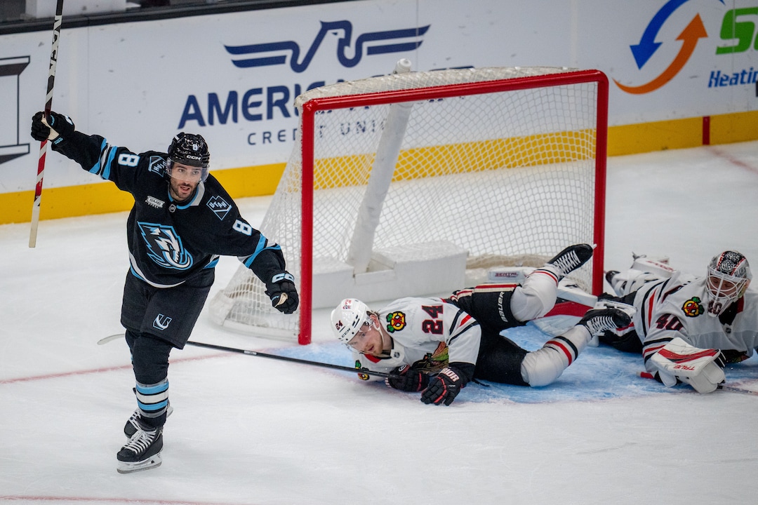 (Trent Nelson | The Salt Lake Tribune) Utah Mammoth center Nick Schmaltz (8) scores a goal as the Utah Mammoth host the Chicago Blackhawks, NHL hockey in Salt Lake City on Thursday, Oct. 1, 2026.