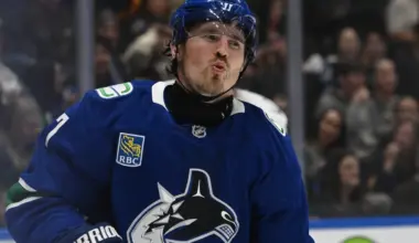 Vancouver Canucks right wing Brendan Gallagher (7) reacts to a shot during the third period against the Seattle Kraken at Rogers Arena.