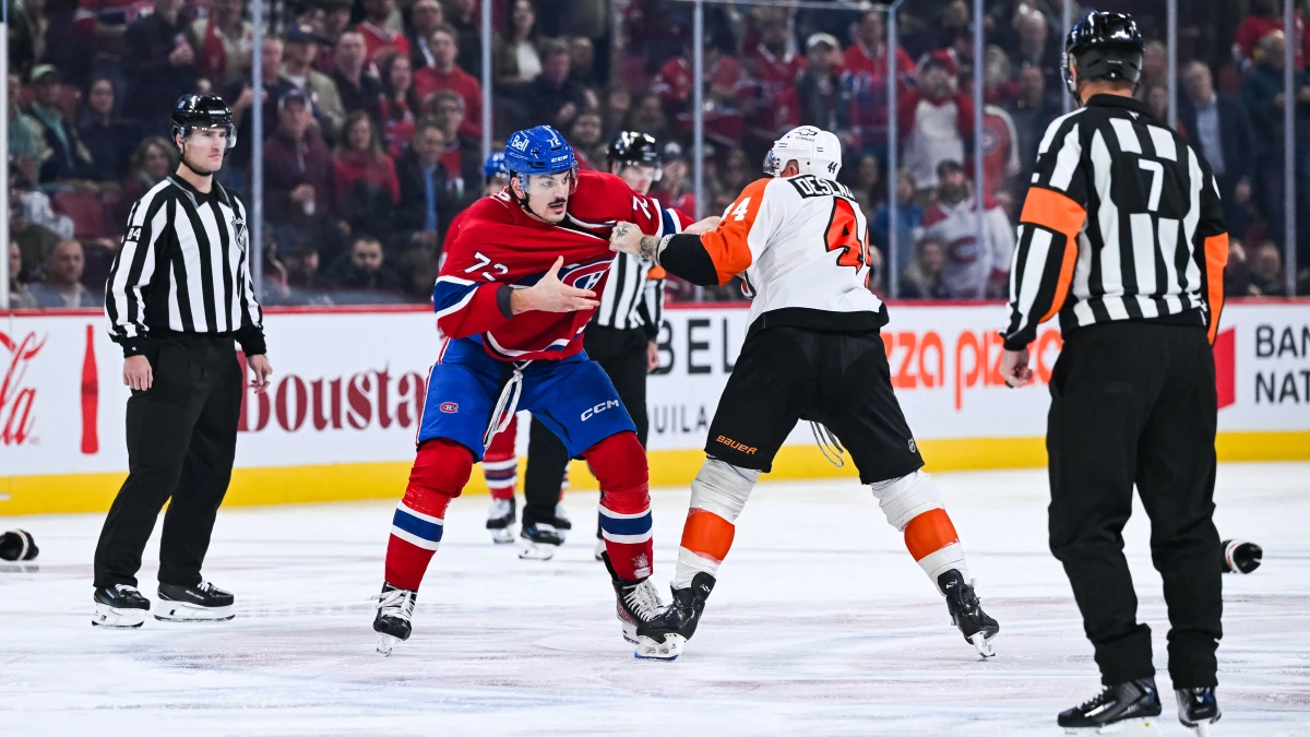 Philadelphia Flyers left wing Nicolas Deslauriers (44) fights against Montreal Canadiens defenseman Arber Xhekaj (72) during the third period at Bell Centre.
