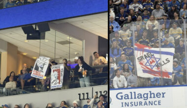 Anti-Israel protesters ejected from St. Louis Blues game after hoisting antisemitic banners 