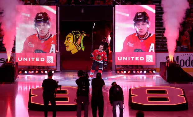 Chicago Blackhawks right wing Patrick Kane (88) is introduced before the home opener against the St. Louis Blues at the United Center in Chicago on Oct. 6, 2026. (Chris Sweda/Chicago Tribune)