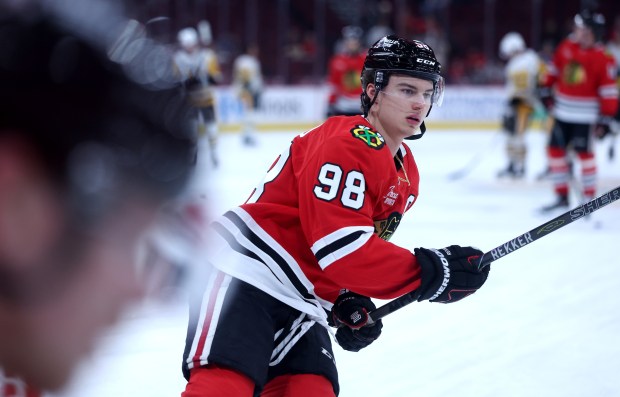 Chicago Blackhawks center Connor Bedard (98) warms up for a game against the Pittsburgh Penguins at the United Center in Chicago on Oct. 13, 2026. (Chris Sweda/Chicago Tribune)