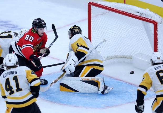 Chicago Blackhawks right wing Roman Kantserov (80) scores a goal in the second period of a game against the Pittsburgh Penguins at the United Center in Chicago on Oct. 13, 2026. (Chris Sweda/Chicago Tribune)