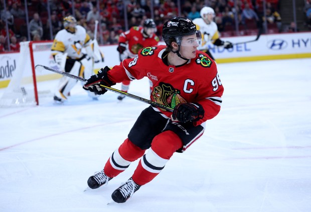 Chicago Blackhawks center Connor Bedard (98) looks down the ice in the third period of a game against the Pittsburgh Penguins at the United Center in Chicago on Oct. 13, 2026. (Chris Sweda/Chicago Tribune)