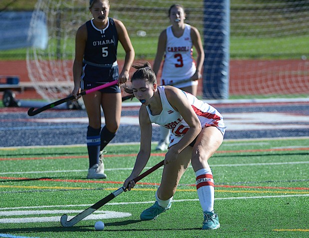 Archbishop Carroll's Cassie Keelan clears a ball out of the defensive zone against Cardinal O'Hara Wednesday afternoon. The Patriot's went on to a 4-2 victory. (PETE BANNAN/MediaNews Group)
