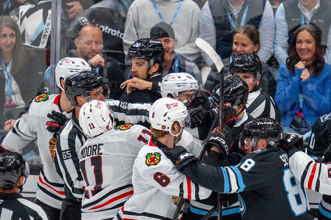 (Trent Nelson | The Salt Lake Tribune) Players shove each other as the Utah Mammoth host the Chicago Blackhawks, NHL hockey in Salt Lake City on Thursday, Oct. 1, 2026.