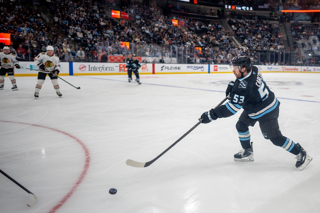 (Trent Nelson | The Salt Lake Tribune) Utah Mammoth left wing Michael Carcone (53) scores a goal as the Utah Mammoth host the Chicago Blackhawks, NHL hockey in Salt Lake City on Thursday, Oct. 1, 2026.