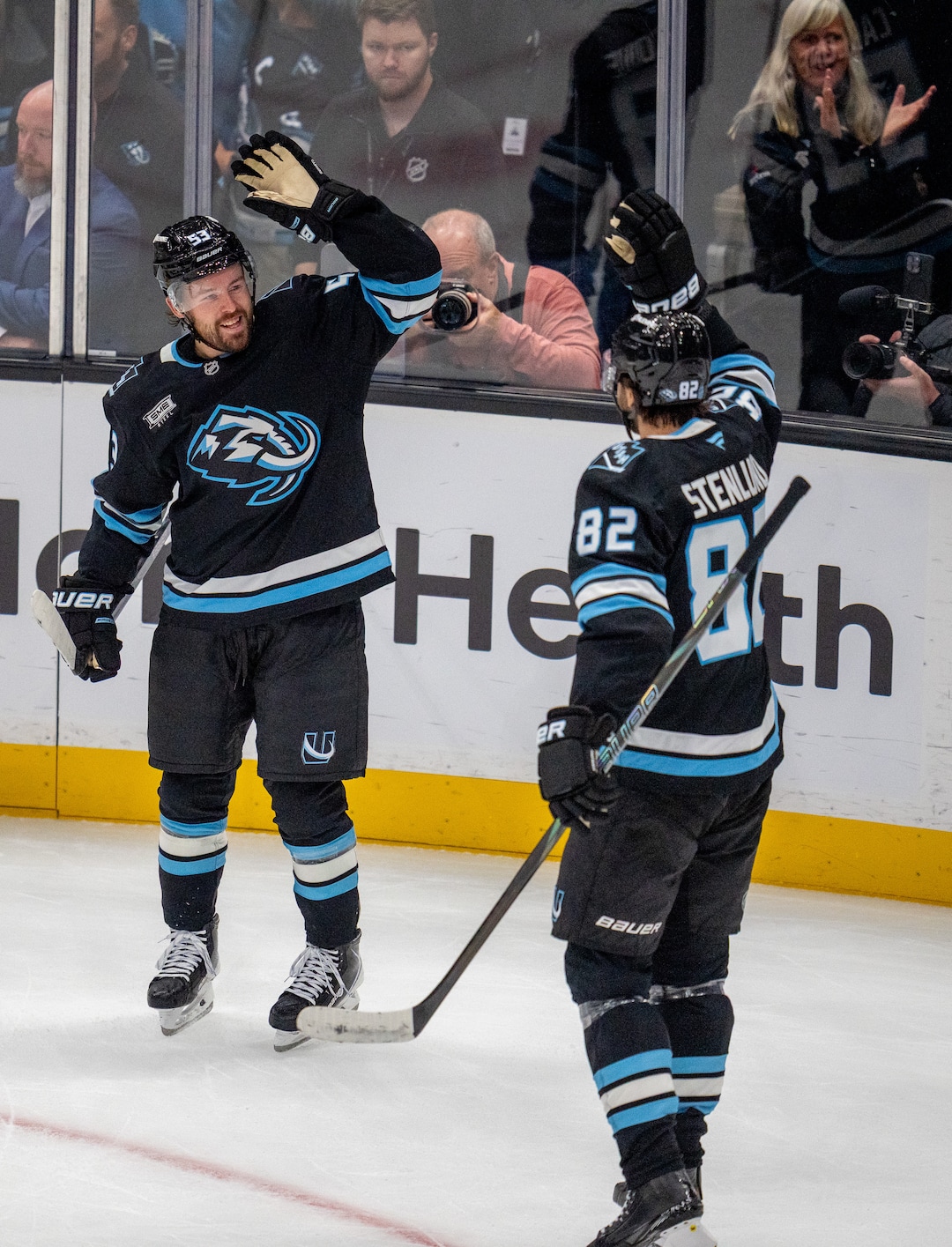 (Trent Nelson | The Salt Lake Tribune) Utah Mammoth left wing Michael Carcone (53) celebrates a goal as the Utah Mammoth host the Chicago Blackhawks, NHL hockey in Salt Lake City on Thursday, Oct. 1, 2026.