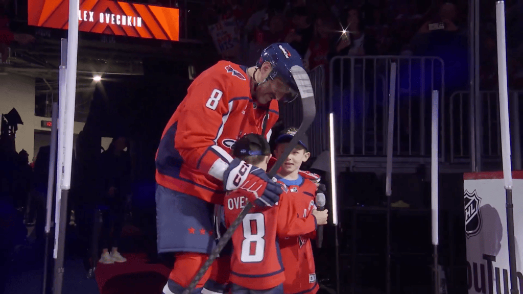 Alex Ovechkin’s sons Sergei and Ilya introduced him at his final home opener before the Washington Capitals beat the Pittsburgh Penguins 5-3.