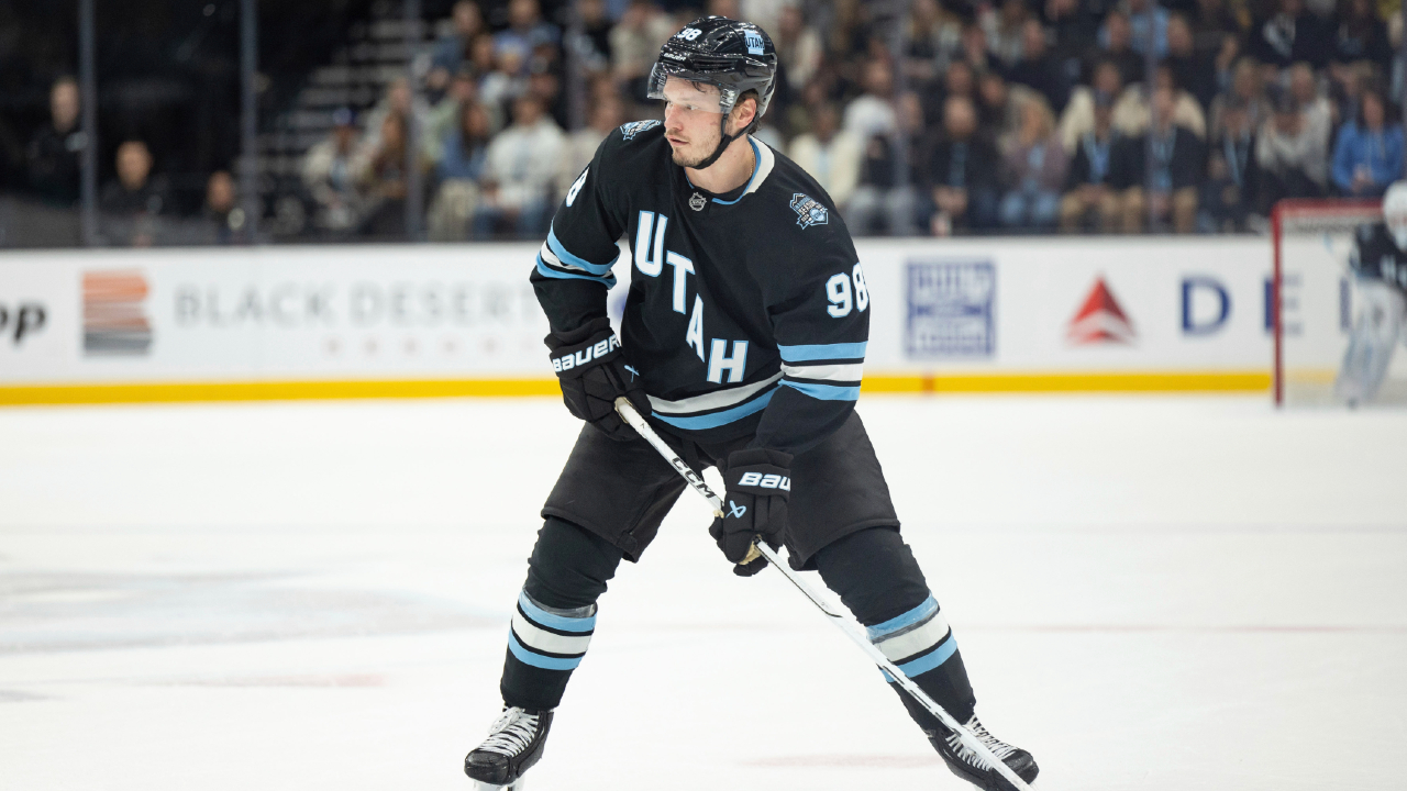 Mammoth's Sergachev exits vs. Devils after getting hit in helmet by puck