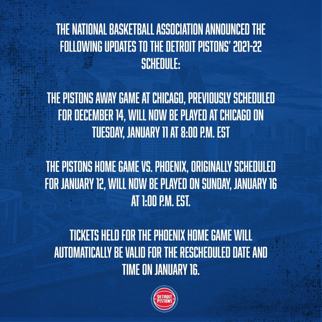 REMINDER: The @NBA has announced updates to the Detroit #Pistons’ 2021-22 schedu...