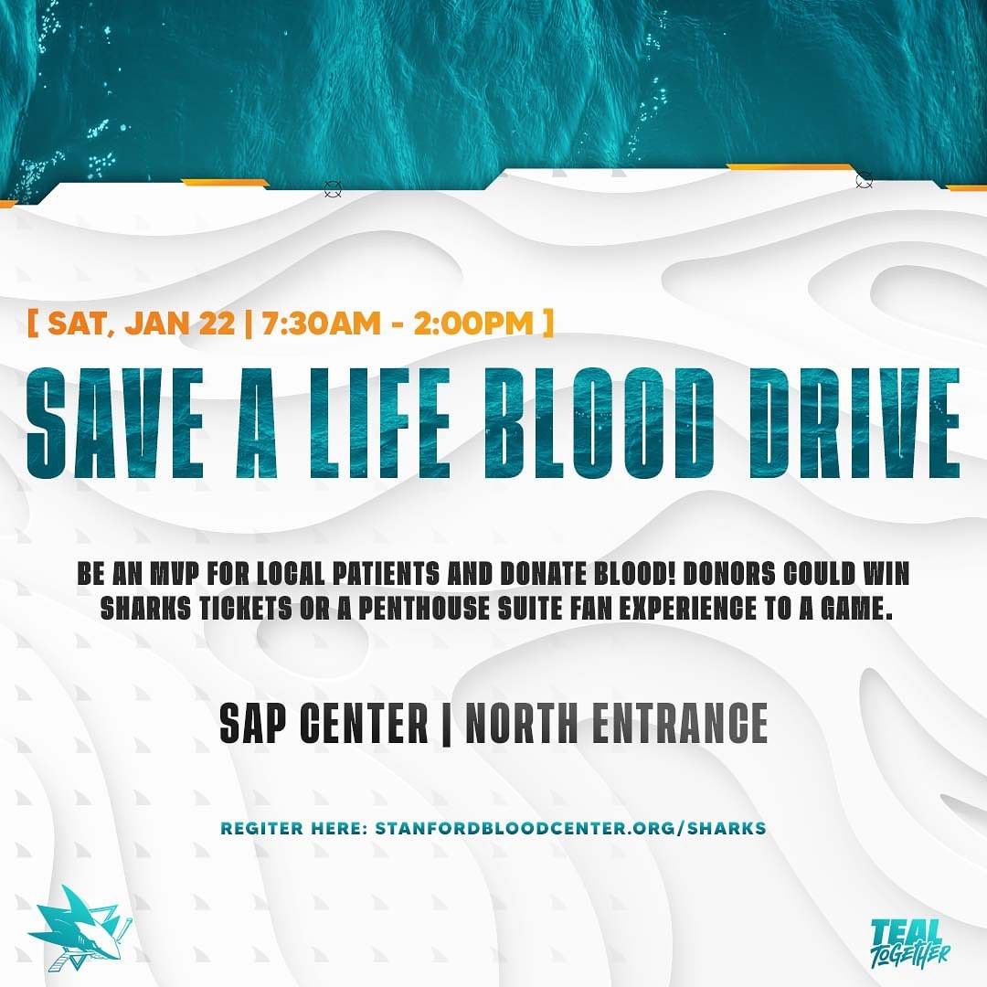 Our Sharks Save a Life Blood Drive is happening at @sapcenter Saturday, January ...