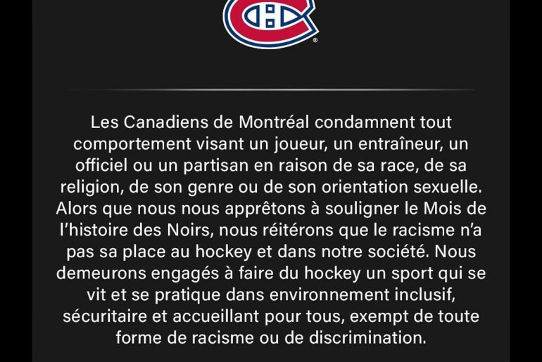 Déclaration des Canadiens de Montréal suite aux gestes racistes adressés à Jorda...
