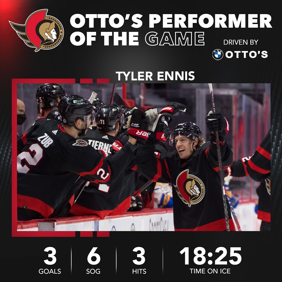 Tyler Ennis had a hat-trick in the #Sens 5-0 win against the Sabres last night e...