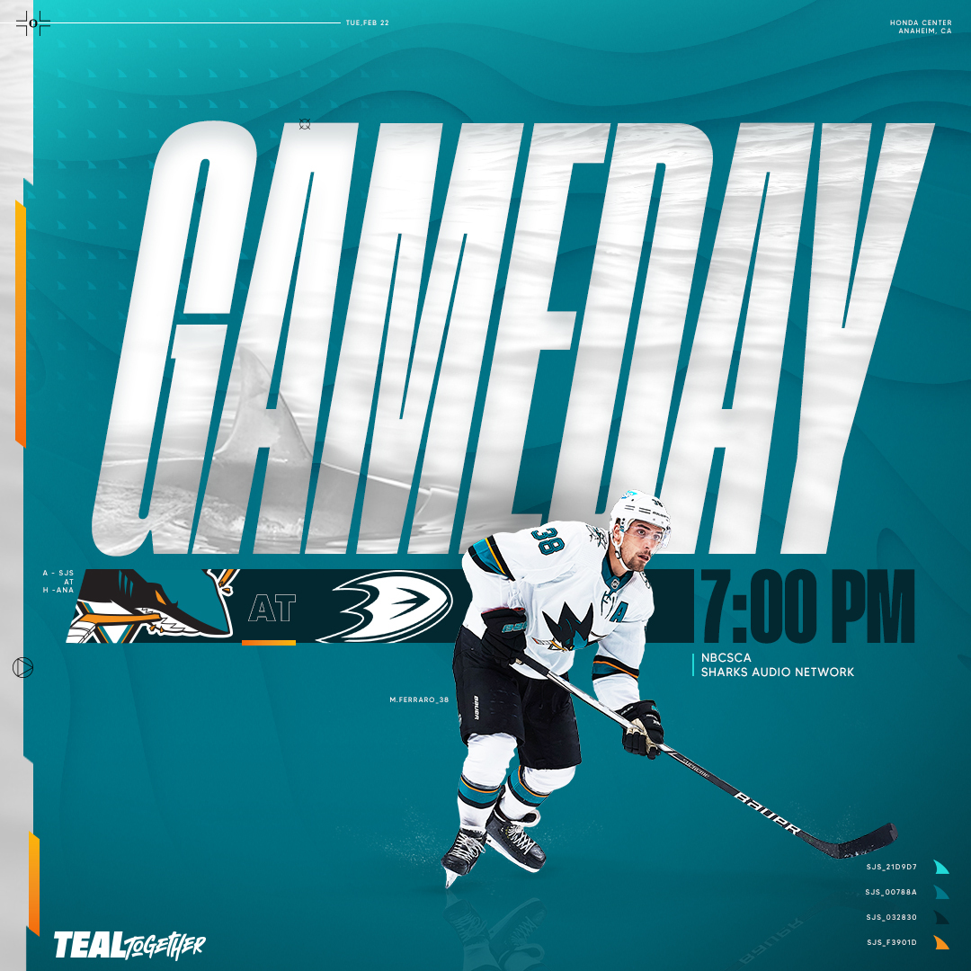 Twos-day night hockey  : Anaheim, CA
: 7 p.m. PT
: NBCSCA
: Sharks Audio Network...