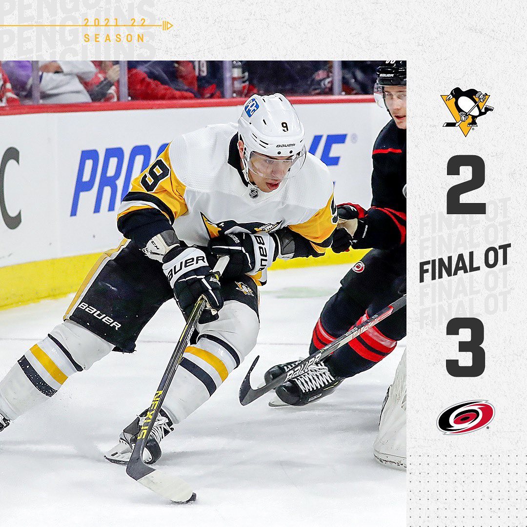 The Penguins fall to the Hurricanes in overtime, 3-2....