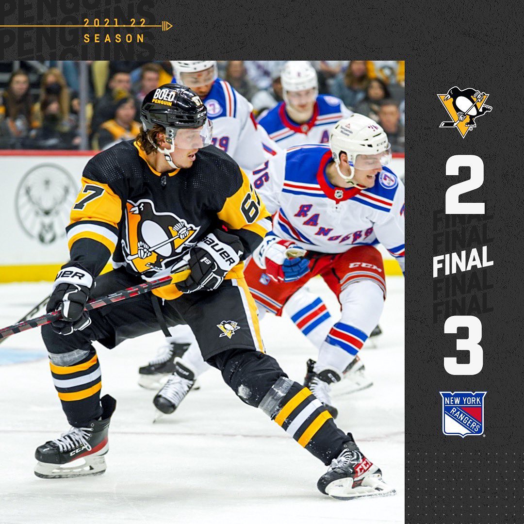 Despite a late-game push, the Penguins fall to the Rangers at home, 3-2....