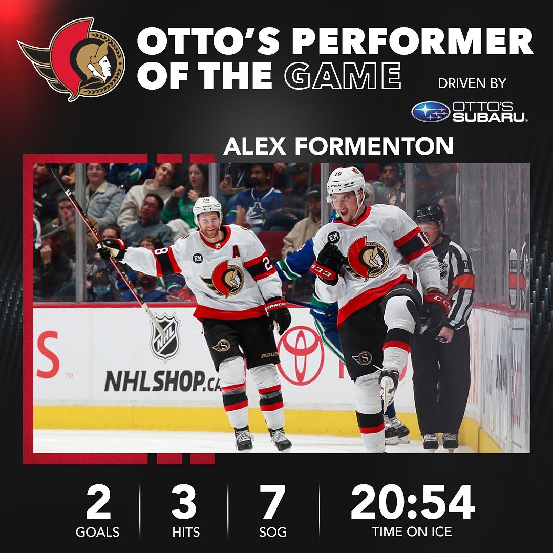 Alex Formenton had a pair of goals in last night's win against the Canucks earni...