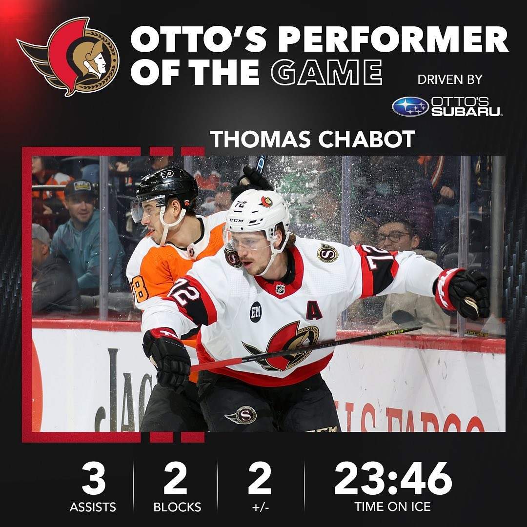 Thomas Chabot had a three-point night and earned @ottos_subaru Performer of The ...