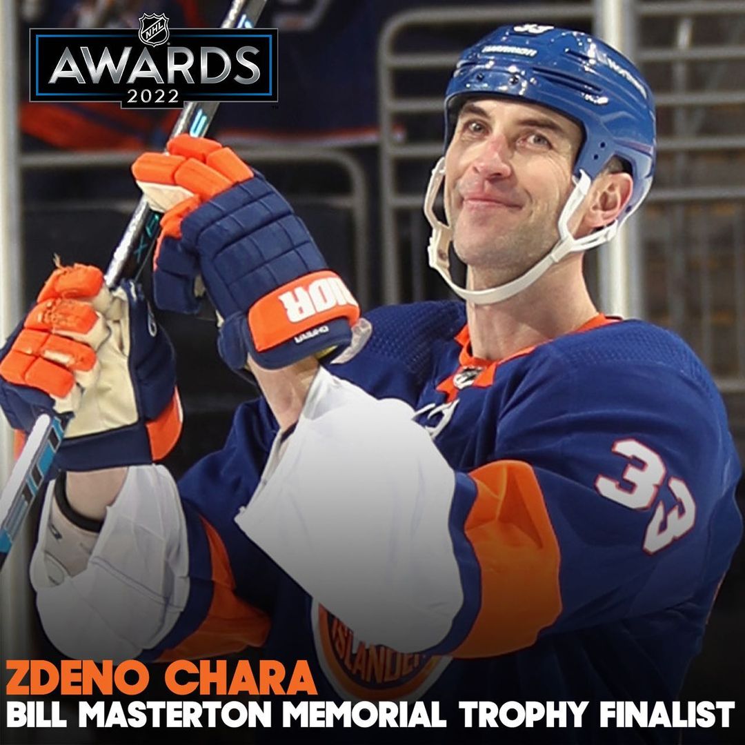 Zdeno Chara has been named a finalist for the 2022 Bill Masterton Memorial Troph...