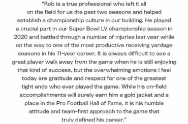 "Rob is a true professional who left it all on the field for us the past two sea...
