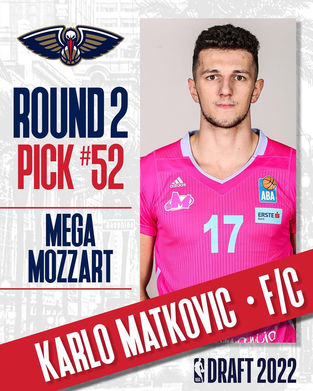 With the 52nd pick in the 2022 NBA Draft, the Pelicans select forward Karlo Matk...