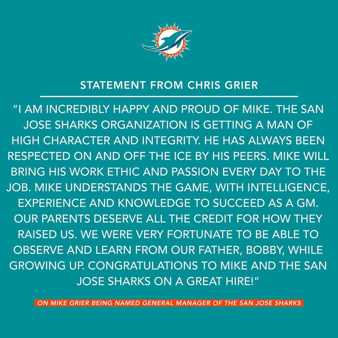 Statement from Chris Grier on his brother Mike being named General Manager of th...