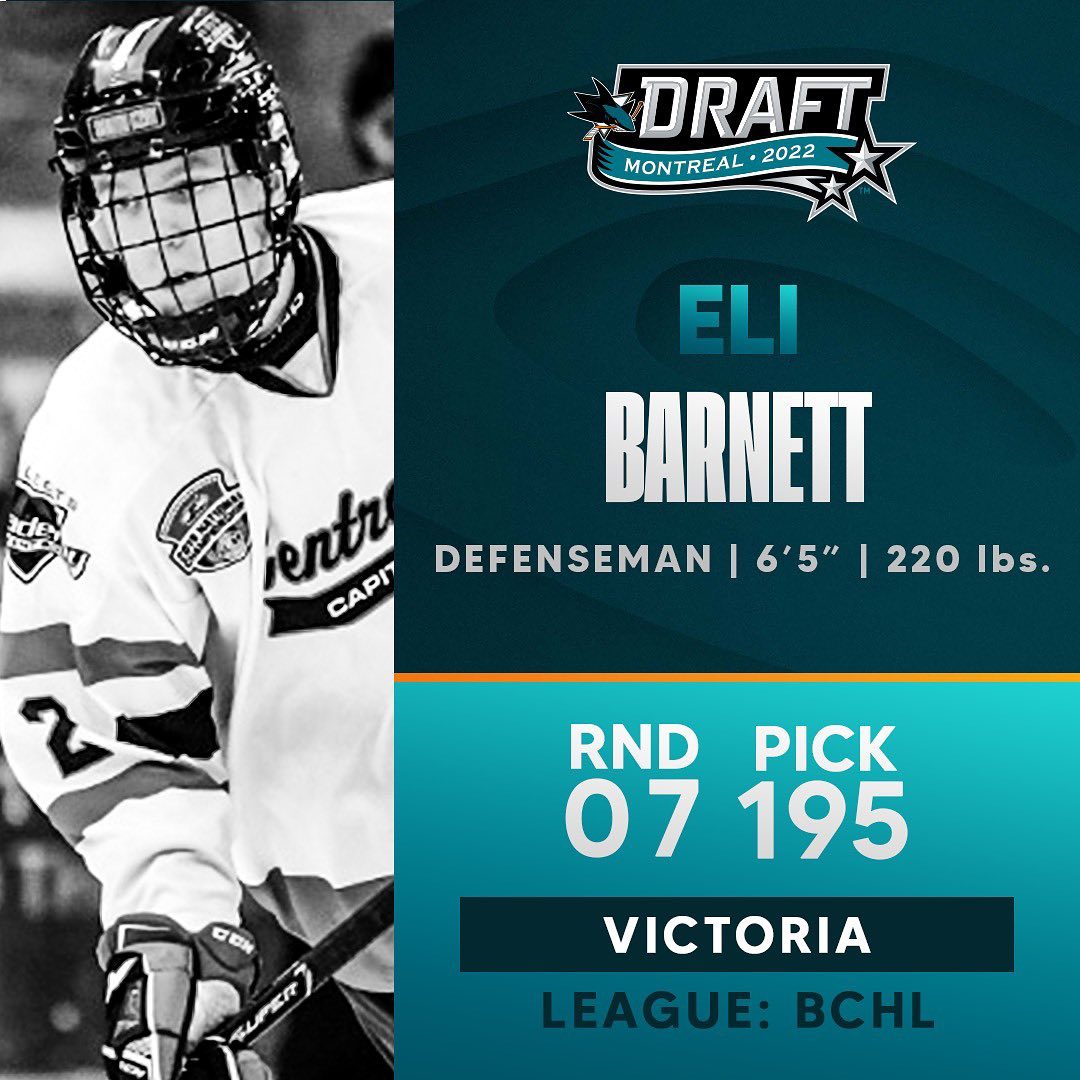 The Sharks have selected Eli Barnett with the 195th pick in the 2022 #NHLDraft....