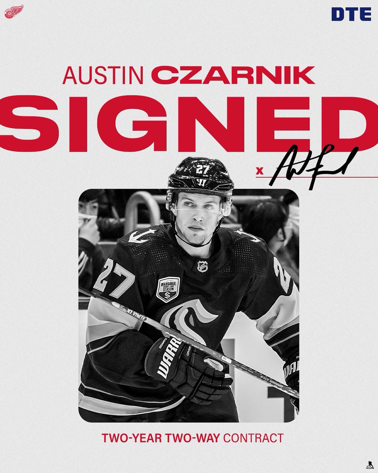 The Detroit #RedWings today signed center Austin Czarnik to a two-year contract ...