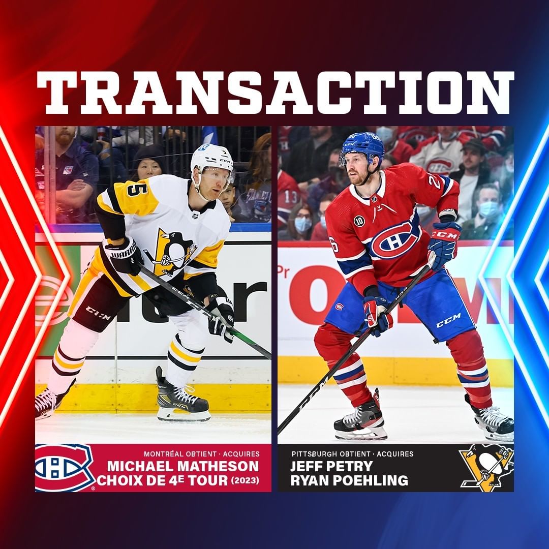 Les Canadiens échangent Jeff Petry et Ryan Poehling aux Penguins de Pittsburgh e...