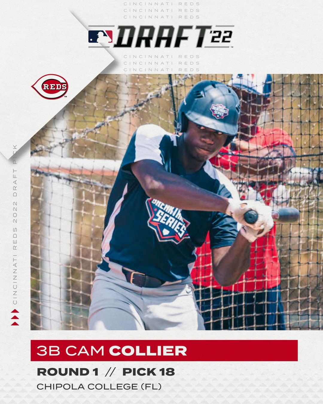 With the 18th pick in the 2022 #MLBDraft, the Cincinnati Reds select 3B Cam Coll...