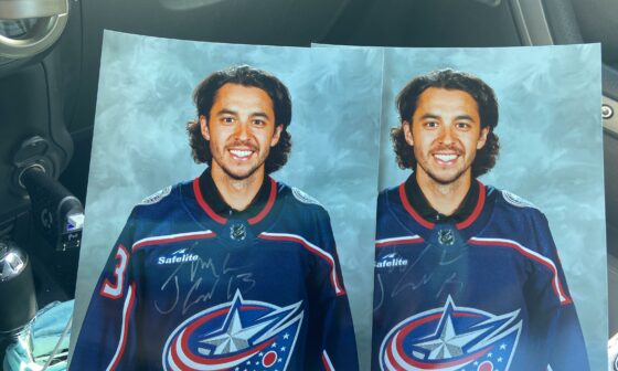 Got to meet Johnny Hockey at a charity tournament today! Had him sign his headshot since no real pics yet. (He was still wearing his Calgary gear but had a Blue Jackets bag)