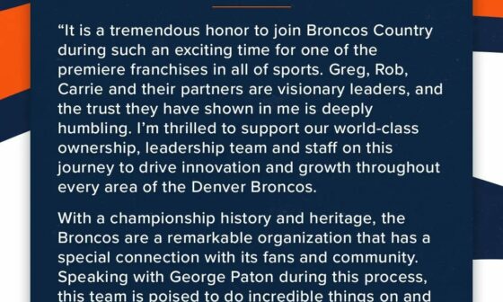 “I’m thrilled to support our world-class ownership, leadership team and staff on this journey to drive innovation and growth throughout every area of the Denver Broncos.” Damani Leech on being named Team President: