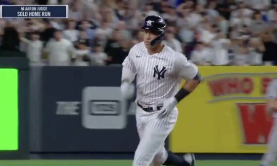 [Highlight] It’s 99 on 99 crime as Aaron Judge absolutely DESTROYS a Taijuan Walker sinker, sending it 453 FEET to left, his 48th of the year to put the Yankees on the board