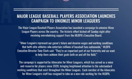 [MLBPA] The Major League Baseball Players Association has launched a campaign to unionize Minor League Players across the country (Full statement in the link)