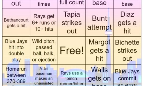 Rays vs Blue Jays bingo, 9/14/2022