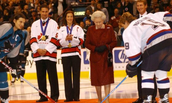 Looking back at Queen Elizabeth II Ceremonial Puck Drop Alongside Wayne Gretzky