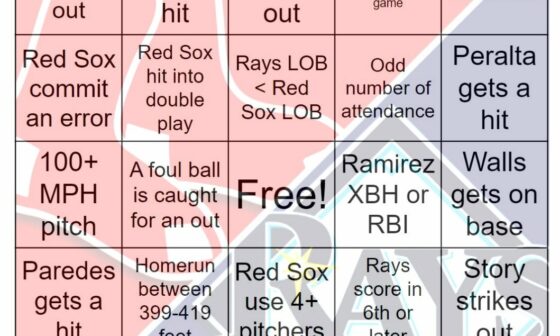 Rays vs Red Sox bingo, 9/5/2022