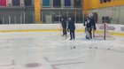 Peks showing the goalies how to score a goal.