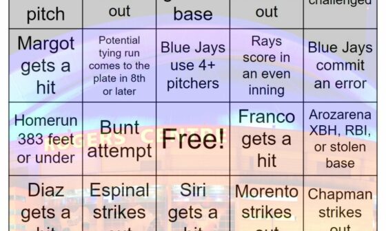 Rays vs Blue Jays bingo, 9/15/2022