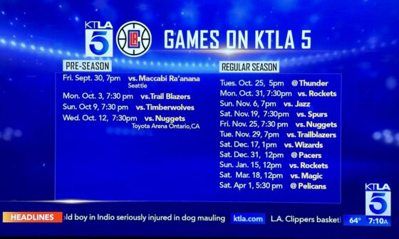 15 Clipper Games will be aired on KTLA5 (4 pre-season, 11 regular season games)