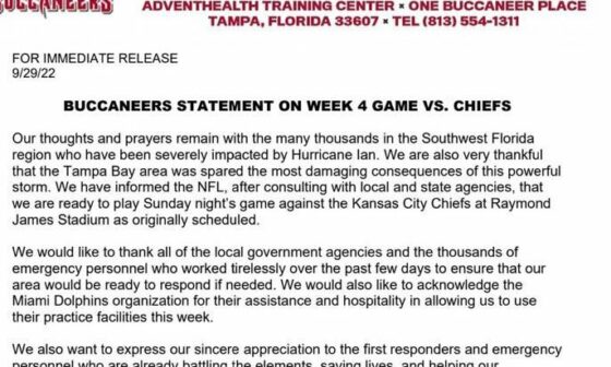 Buccaneers official News Release. Announcing game vs Chiefs will be played as scheduled on Sunday night. (via Buccaneers)