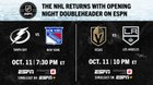 [Reiner] The Flyers' season opener against the Devils on Oct. 13 will be an ESPN+/Hulu exclusive. Three additional Flyers games (11/15 @ CBJ, 11/29 vs. NYI, 3/18 vs. CAR) will be exclusive to those platforms.