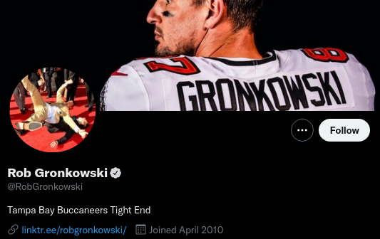 Gronk hasn't updated his Twitter profile. It still says "Tampa Bay Buccaneers Tight End".