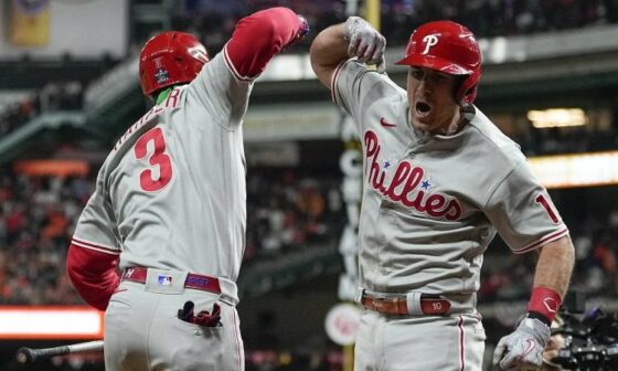 Philadelphia Phillies come back from 5 runs down, stun Houston Astros in 10th inning to win World Series Game 1