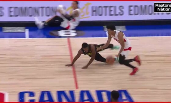 Jeffrey Dowtin Jr. puts Jared Butler on skates but is unable to finish. Crowd and Raptors bench are stunned.