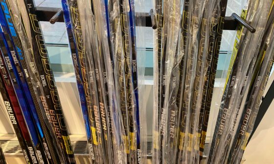 The stick rack at the Sabres store before tonight’s game. Zoom in on the names, lol.